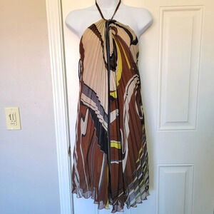 Taylor And Hyde Pleated Halter Tie Neck Dress Lined Brown Retro Look Size S